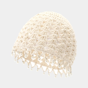 Handmade crochet hollow out beanie with pearl tassels and fringe straps for women