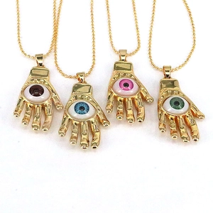 Set of four gold Hamsa necklaces with colorful resin evil eye pendants on ball chains