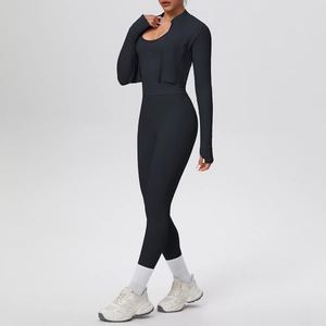 Completo yoga nero 3 pezzi con giacca zip, reggiseno sportivo e leggings a vita alta