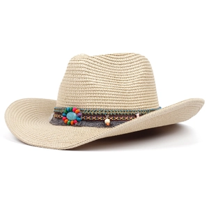 Linen Panama straw sun hat for men with ethnic beads and turquoise stone decor