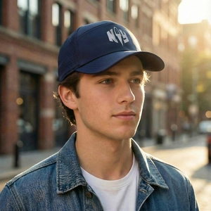 Navy blue breathable baseball cap with NY logo and laser-cut ventilation on outdoors model
