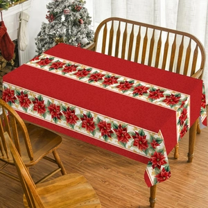 Christmas Poinsettia Print Tablecloth Waterproof Polyester Rectangular Red Holiday Party Dining Table Decor