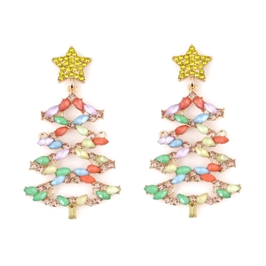 Exaggerated luxury Christmas tree drop earrings with colorful rhinestones in alloy