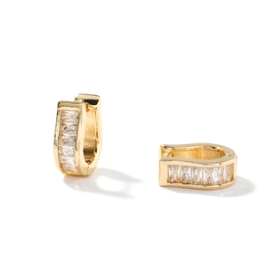 Luxury gold U-shaped hoop earrings with rectangular cubic zirconia in studio lighting