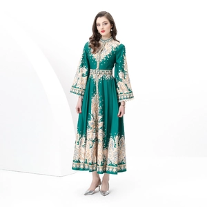 Vintage palace style long dress with retro stand collar and bohemian floral print