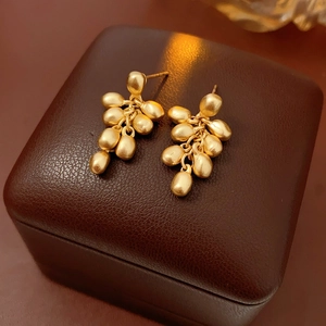 Macro shot of gold grape-shaped bead earrings on a premium leather jewelry case