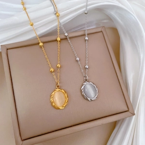 Minimalist Rotatable Cat Eye Stone Pendant Necklace Titanium Steel Elegant Clavicle Chain Jewelry For Women