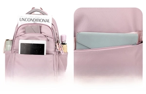 Detail view of pink backpack featuring front storage, side pockets, and anti-theft back pocket