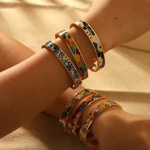 Titanium steel enamel bracelets with 18K gold plating and colorful geometric patterns
