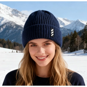 Macro detail of navy blue ribbed knit winter hat with outdoor mountain scenery background