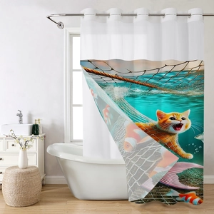 Waterproof waffle print shower curtain featuring a creative cat underwater fishing design