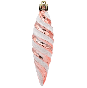 Detailed view of twisted rose gold and glitter white icicle ornament for Christmas trees