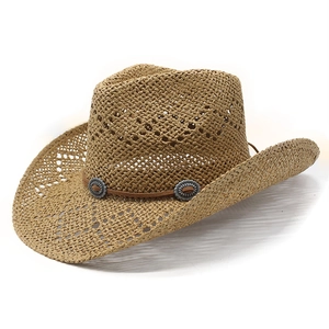 Detail of woven straw cowboy hat with hollow vents and decorative leather band