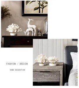 Nordic resin coral sculptures on marble bases shown in home entryway and bedroom settings