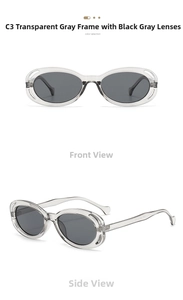 Front and side view of C3 translucent grey oval sunglasses with dark grey lenses