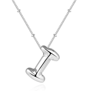 Detailed view of silver balloon-style letter I pendant on a delicate beaded chain