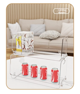 Macro view of transparent acrylic two-tier storage rack with side handles for home organization