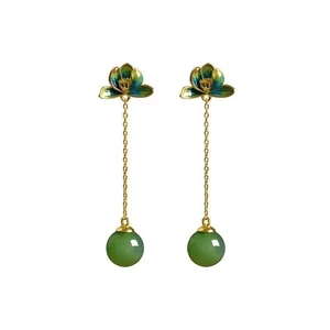 Vintage Chinese style lotus earrings with gold chain and green jade-like beads on white base