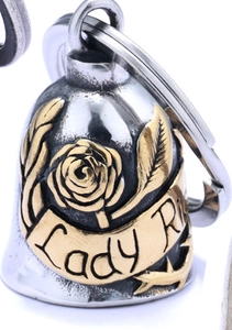 Detailed macro of two-tone silver and gold steel rose bell pendant with Lady R engraving