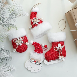 Christmas Ornaments Knitted Faux Fur Wooden Pendants Santa Mitten Hat Stocking Shapes Tree Hanging Festive Holiday Decor