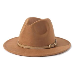 Close-up of brown wool felt fedora featuring light brown leather belt and gold buckle