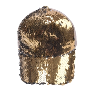 Detail of shimmering gold sequins on a stylish baseball cap with metallic reflection