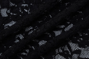 Close-up of black floral lace fabric with intricate mesh patterns and delicate texture