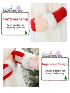 Detail of red and white plush Christmas curtain tieback with velcro fastener