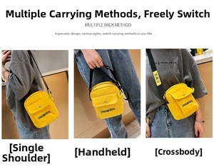 Detailed view of yellow canvas crossbody bag showing shoulder, hand, and crossbody styles