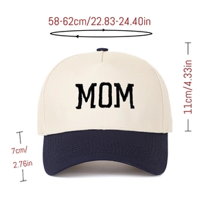 Detailed embroidery of MOM text on a two-tone trucker hat with size measurements