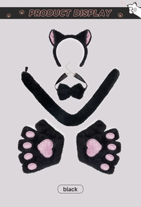 Cosplay set with black cat ears headband, collar, tail, and paw gloves on grey background