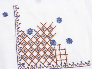 Close-up of blue and brown geometric floral embroidery details on white cotton shirt