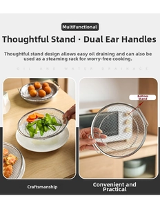 Close-up of stainless steel colander with dual handles and elevated base stand