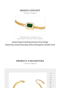 Détail du pendentif en zircone verte carrée avec cristaux pavés sur chaîne plate