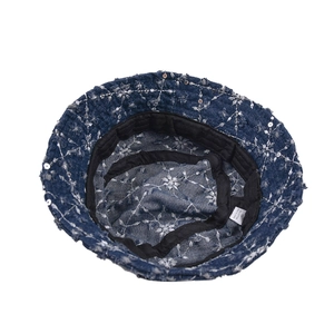Blue denim bucket hat for kids with silver floral embroidery and sequins details