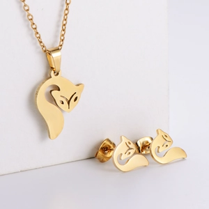 Fox Pendant Necklace And Stud Earrings 18K Gold Plated Stainless Steel Hollow Out Animal Jewelry For Women