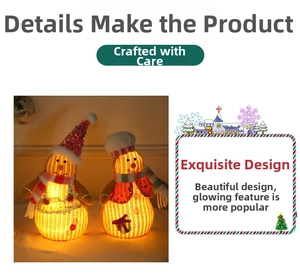 Close-up of handmade light-up Christmas snowman figurines with knit texture and sequins