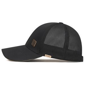 Black mesh baseball cap with gold metal badge and breathable sandwich mesh design