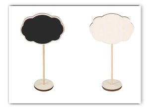 Cloud-shaped wooden chalkboard sign with natural wood base for party table decorations