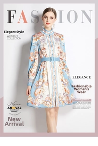 Detail of floral print dress with stand collar and matching square buckle belt