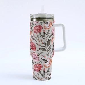 40oz stainless steel insulated travel tumbler with floral carnation pattern and straw