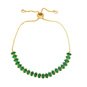 Adjustable gold-plated bracelet with marquise-cut green zircons and slider chain