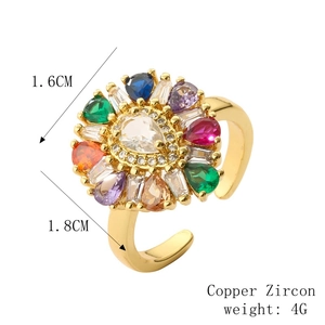 Detail of gold-plated copper eye ring with colorful micro-pave zircons and open design