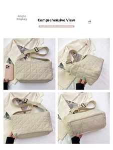 Detailed multi-angle views of beige quilted puffer crossbody bag with embroidery