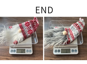 Detail view of two Christmas gnome wine bottle covers being weighed on a digital scale