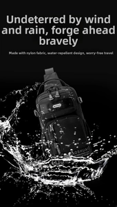 Detailed view of waterproof black nylon messenger bag with water splashes and zippers