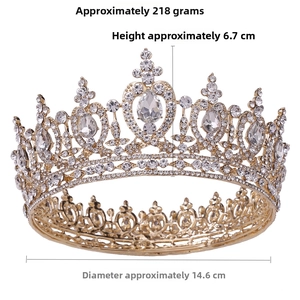 Golden bridal crown with crystals, height 6.7cm, diameter 14.6cm, weight 218g