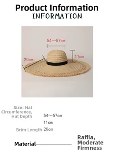 Size chart for raffia sun hat with 20cm oversized brim and 54-57cm circumference