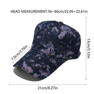 Detailed size specifications for purple gradient baseball cap with gold stars and moon