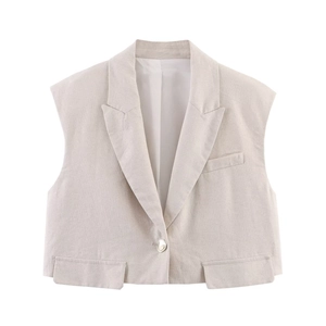 Ensemble gilet sans manches en lin et pantalon large couleur gris avoine sur fond blanc